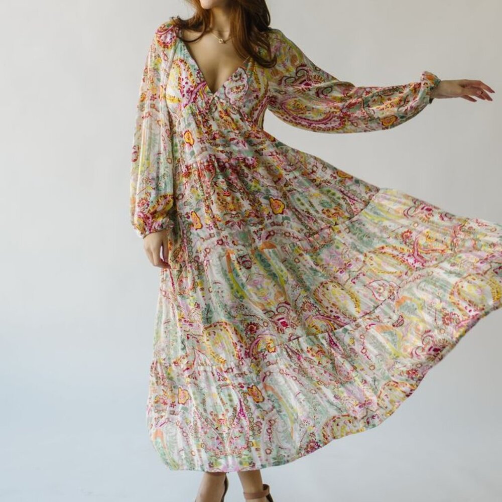 The Manville Paisley Tiered Maxi Dress in Lavender Multi